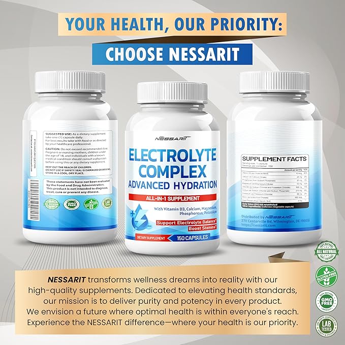 Electrolyte Complex - Advanced Hydration with Vitamin D3, Calcium, Magnesium, Phosphorus, Potassium - 150 Count - Made & Tested in The USA