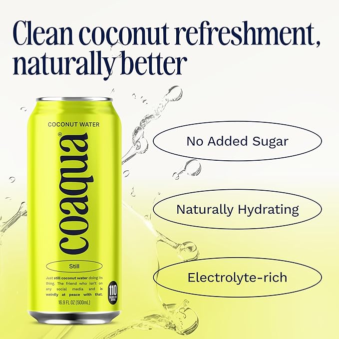 CoAqua Organic Coconut Water, 12 Pack, Natural Electrolytes for Hydration, Naturally Sweet Electrolyte Drink Potassium, Pure Coconut Water Not from Concentrate, Fat Free, Low Sugar, 16.9 Fl Oz Cans