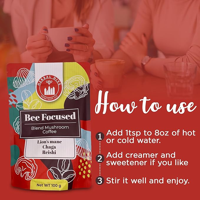 Mushroom Coffee by Herbal Hive Bee Focused Includes Adaptogens Reishi, Lion's Mane, and Chaga Superfood Low Acid Instant 30 Servings (3.5 oz, Dark Roast)