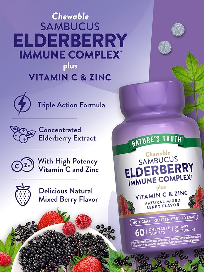 Nature's Truth Elderberry Immune Complex | 60 Chewable Tablets | Plus Vitamin C & Zinc | Mixed Berry | Vegan, Non-GMO, & Gluten Free Supplement