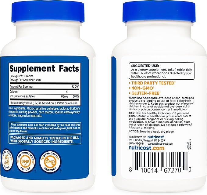 Nutricost Iron (As Ferrous Sulfate) 65mg, 240 Tablets - Non-GMO, Gluten Free
