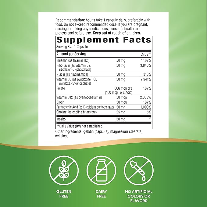 Nature's Way B-50 Complex, Supports Cellular Energy & Nerve Health*, 8 B-Vitamins, With Folic Acid, Biotin, Niacin & More, Gluten Free, 100 Capsules (Packaging May Vary)