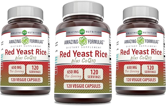 Amazing Formulas Red Yeast Rice 600 Mg Plus Coq-10, 50 Mg 120 Veggie Capsules Supplement | Non-GMO | Gluten Free | Made in USA (3 Pack)