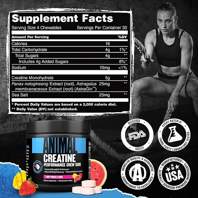 Animal Creatine Chews Tablets - Enhanced Creatine Monohydrate with AstraGin to Improve Absorption, Sea Salt for Added Pumps, Delicious and Convenient Chewable Tablets - Fruit Punch
