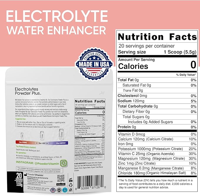 Electrolytes Powder Plus (20 Servings) Watermelon Electrolyte Powder Zero Calorie Keto,0 Sugar, No Maltodextrin,1000mg Potassium,120mg Calcium,120mg Magnesium, Pink Himalayan Salt