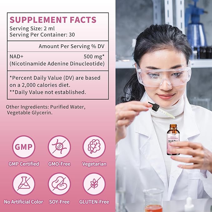 Liposomal NAD Supplements for Women, Pure 500mg NAD Nicotinamide - Cell Regeneration,Energy & Metabolism Support, Vegan,Sugar Free,Additives Free,4 Fl Oz