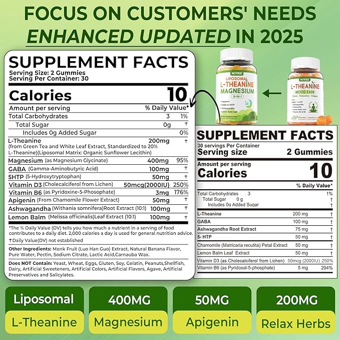 Liposomal L-Theanine 200mg Magnesium Glycinate 400mg Gummies with GABA, 5HTP, Apigenin, Vitamin B6 & D3, Ashwagandha, Lemon Balm Leaf, Melatonin Free Sleep Chewable for Relax Mood & Muscle, 2 Packs