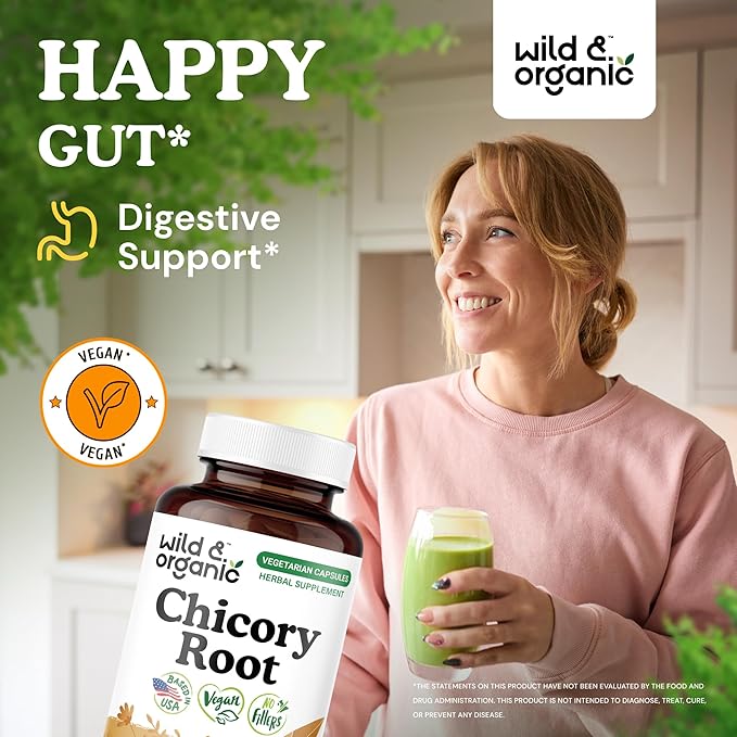 Wild & Organic Chicory Root Capsules - 1200 mg of Chicory Root Powder per Serving - Digestive & Gut Support - Inulin Fiber Prebiotic Supplement - Non-GMO, Vegan Inulin Capsules - 90 Count