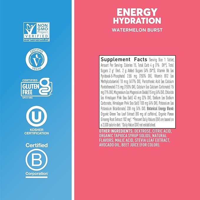 Nuun Energy Electrolyte Tablets with Ginseng, Caffeine from Green Tea Extract, Vitamin B12, B6, B5, Magnesium & 4 Other Electrolytes, Gluten Free & Vegan, Watermelon Burst, 8 Pack (80 Servings Total)