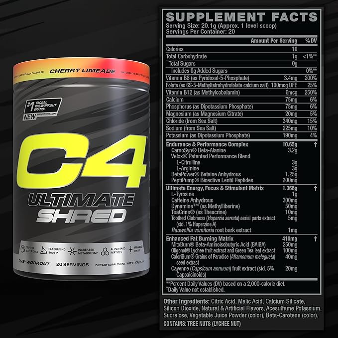Cellucor C4 Ultimate Shred Pre Workout Powder, Metabolism Supplement with Cayenne Extract+300mg Caffeine+TeaCrine+Dynamine - Pink Lemonade, 20 Servings