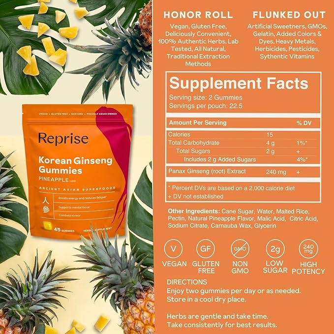 Ginseng Gummies for Adults | Korean Ginseng Supplement for Men and for Women | 240 mg Red Ginseng Gummy | Energy Gummies for Memory, and Immunity | Reduced Sugar Ginseng Chews, 45 Gummies (Pack of 3)