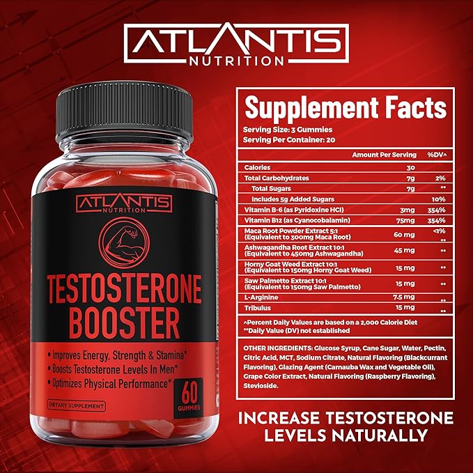 Atlantis Nutrition Testosterone Booster Gummies For Men - Enhances Strength & Stamina - Optimizes Performance & Male Enhancement - Made With Tribulus, Horny Goat Weed, Maca Root | 2-Pack (120 Gummies)