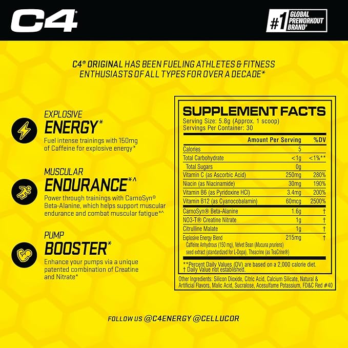 Cellucor C4 Original Pre Workout Powder Cherry Limeade | Vitamin C for Immune Support | Sugar Free Preworkout Energy for Men & Women | 150mg Caffeine + Beta Alanine + Creatine | 30 Servings
