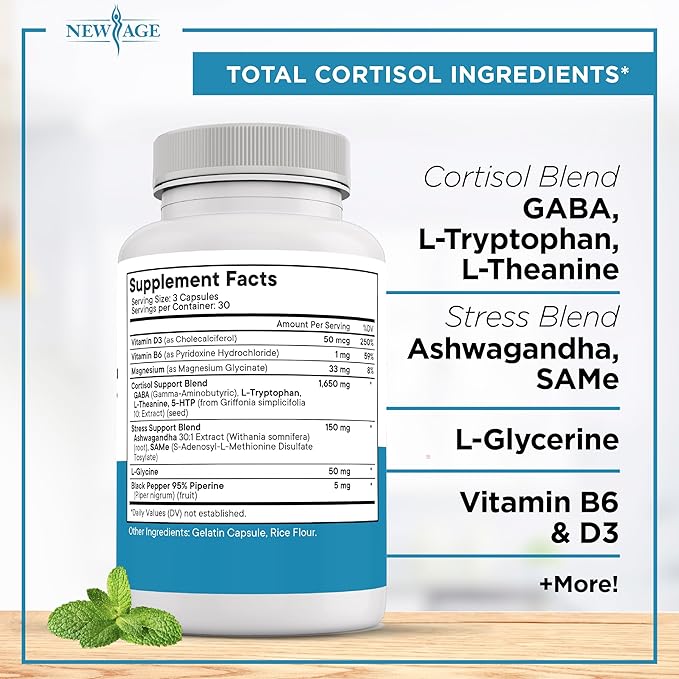 NEW AGE Cortisol Supplement for Women - Cortisol Detox Manager Reducer - Ashwagandha, GABA, 5 HTP, L-Tryptophan, L-Theanine - 270 Count