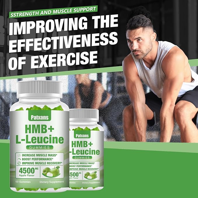 1 Pack HMB and L-Leucine Gummies, 4500mg, for Muscle Growth, Muscle Relief and Workout Recovery, for Men & Women, Non-GMO, Vegan, Gluten Free, Apple Flavor, 60 Count.