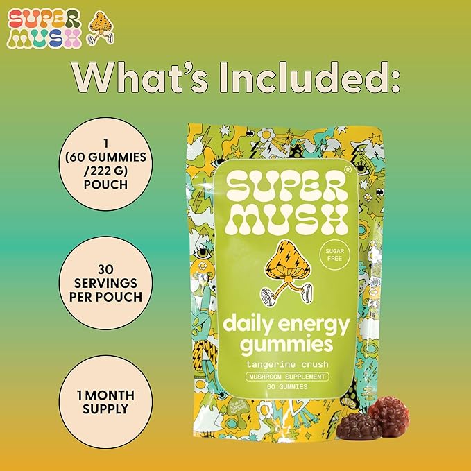 Energy Mushroom Gummies - Organic Lions Mane Supplement with Cordyceps, Rhodiola, L-Theanine, Maca - Vegan & Sugar-Free - Energy, Focus, Stamina, Stress Reduction - 60 Gummies (30 Servings)