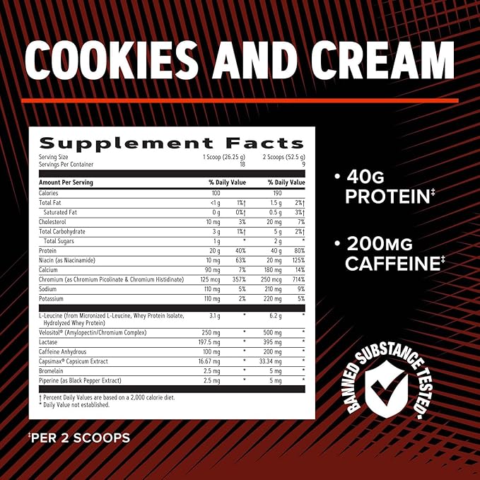 GNC AMP Wheybolic Ripped Protein Powder & Thermogenic Protein Supplement, Muscle Strength & Size, Energy & Endurance, 40g Protein, 6.2g Leucine, 15g EAA, Caffeine, Cookies and Cream, 9 Servings