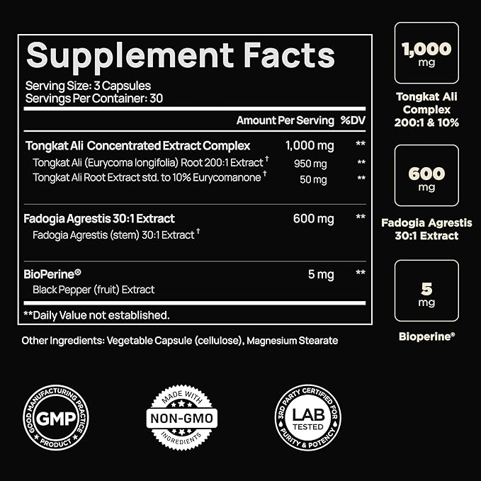 228,000mg 200x Strength Tongkat Ali for Men w. 30x Fadogia Agrestis Extract - 10% Eurycomanone Highest Potency Longjack Fadogia Agrestis Tongkat Ali Supplement - Muscle Growth Support Pills for Men