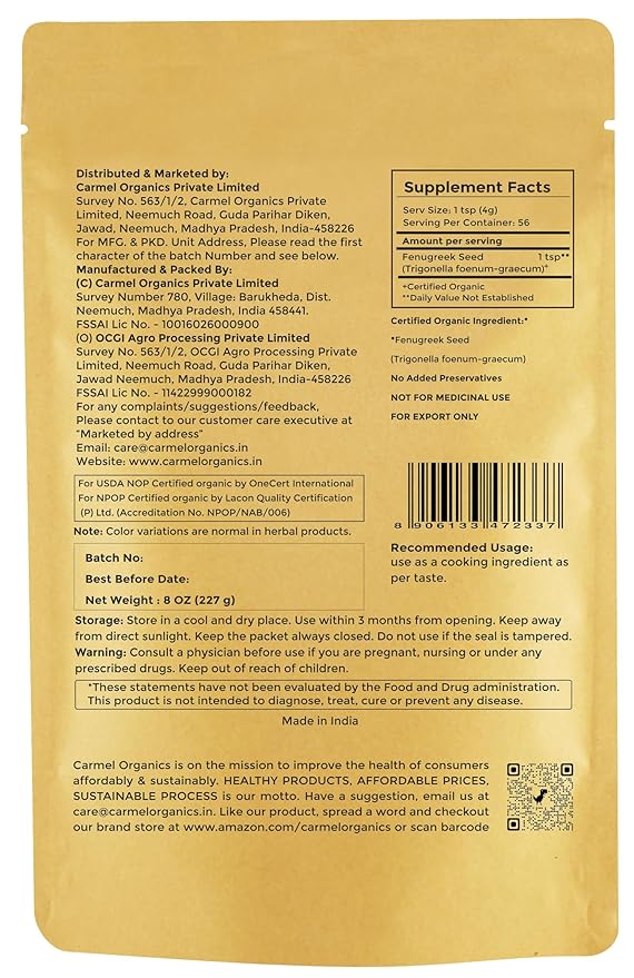 CARMEL ORGANICS Fenugreek |Methi Seeds (Whole, 8 Ounce or 0.5 Lbs)(Pack of 1) | USDA Certified Organic | Non-Gmo | No Added Preservatives | Indian Origin Fenugreek Seeds