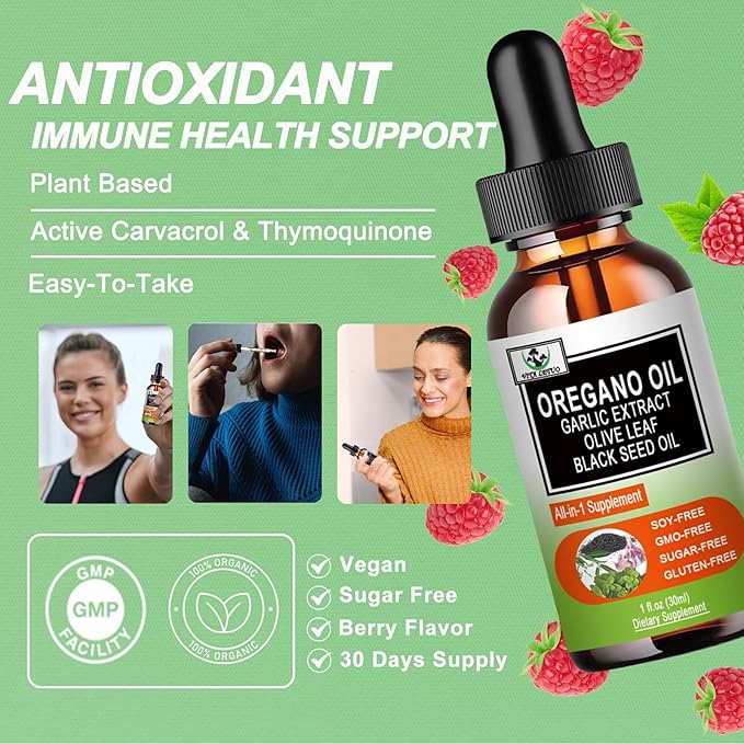 Organic Oil of Oregano with Black Seed Oil, Oregano Oil Liquid Drops w/Garlic Olive Leaf Elderberry for Immune,Digestive Support & Antioxidant,Seasonal Support Supplement for Women Men