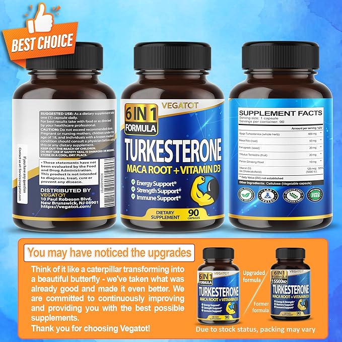 VEGATOT 6 in 1 High Strength Turkesterone Concentrated with Maca Root Fenugreek Tribulus Boost Energy Stamina 3-Month Supply (60 Count (Pack of 1))