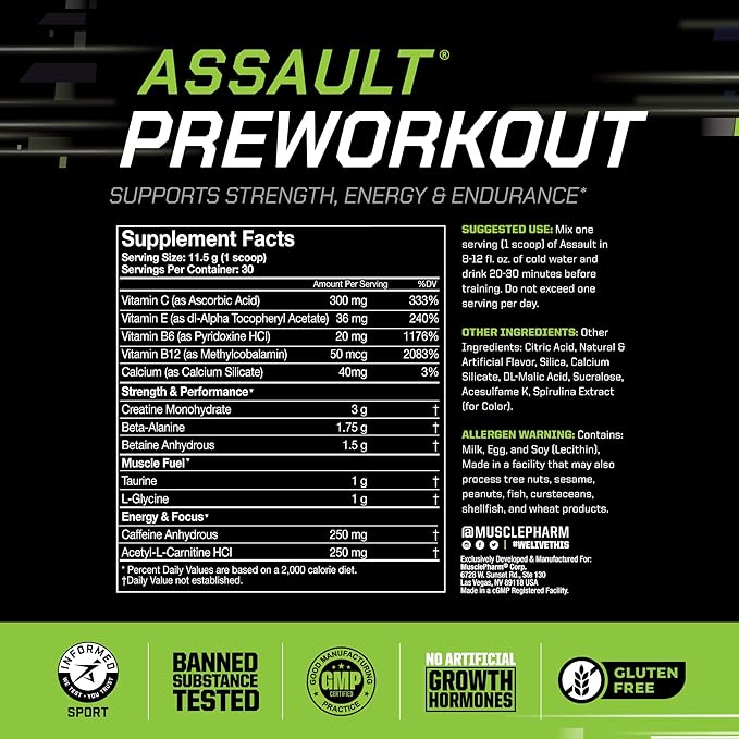 Muscle Pharm Assault Energy & Strength Pre Workout Powder for Men & Women with Beta Alanine, Caffeine, Creatine & Betaine Anhydrous, Pre-Workout Supplements, 30 Servings, Blue Raspberry Flavor