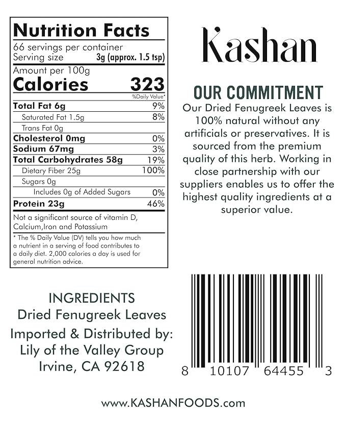 Kashan Dried Fenugreek Leaves, Kasuri Methi, Great for Cooking & Food Flavoring, Middle Eastern Cuisine and Aromatic Seasoning, Vegetarian 7oz (198g)