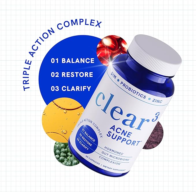 Clear Skin Acne Supplement with Zinc, DIM & Probiotics | 3-in-1 Balance, Clarify, Restore Support with Hyaluronic Acid & Skin Support Vitamins | for Women & Men | Oral Hormonal Acne Pills | 60 Ct