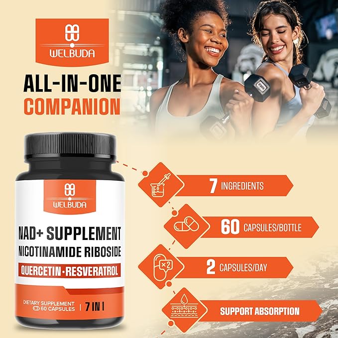 NAD+ Supplement with Nicotinamide Riboside Per Serving w/Resveratrol, Quercetin, Turmeric, Rhodiola Rosea, Vitamin D3 and Vitamin C - 60 Capsules