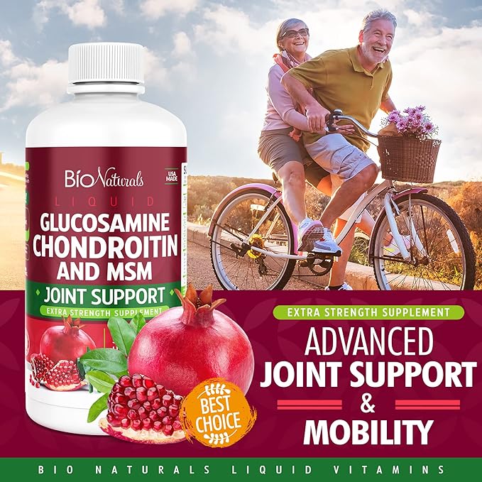 Bio Naturals Liquid Glucosamine Chondroitin MSM Pharmaceutical Grade Supplement with Hyaluronic Acid – Maximum Strength Joint Support - 32 fl oz