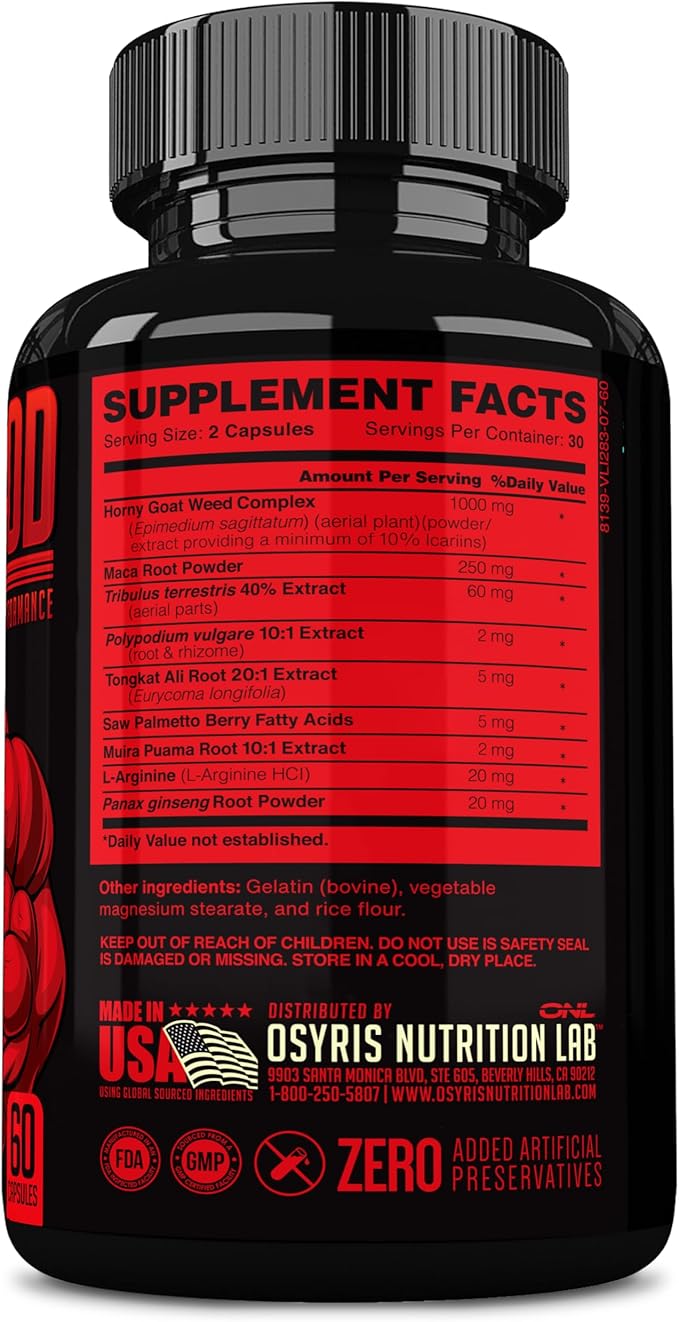 Bull Blood Testosterone Booster & Nitric Oxide Supplement for Men – Maca Root, Tribulus, Tongkat Ali & L-Arginine – Stamina & Vitality Support – 60 Ct Each