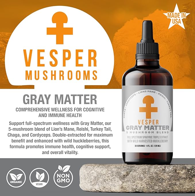 Vesper Gray Matter Mushroom Liquid Extract - 5 Mushroom Blend with Wild Huckleberries for Cognition, Energy, Aging Support, Rest & Prebiotics, USA-Grown, for Full-Spectrum Wellness – 4oz