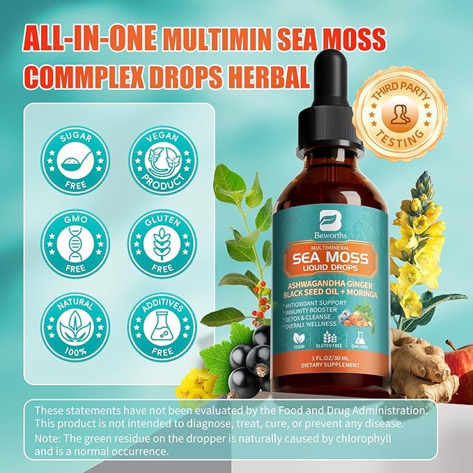 Sea Moss Drops with Black Seed Oil Ashwagandha Turmeric Bladderwrack Burdock & Vitamin C Vitamin D3 with Elderberry Manuka, Chlorophyll