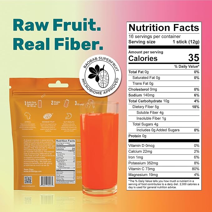 Tiiga 2-in-1 Gut Health + Hydration Drink Mix – Natural Debloat Formula with 75%+ Baobab & Coconut Water. High in Antioxidants, Prebiotics, Zero Added Sugar, Supports Digestion, Energy & Helps Debloat