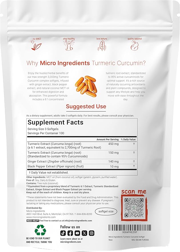 Turmeric Curcumin Supplement 3,000mg | 95% Curcuminoids | 300 Coconut MCT Oil Softgels with Turmeric, Ginger & Black Pepper Extracts | High Absorption | Healthy Joint Support for Men & Women | Non-GMO