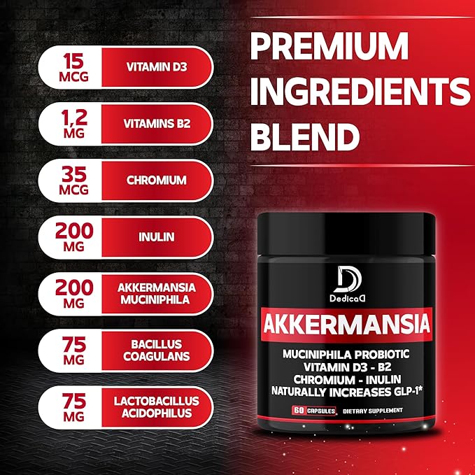Akkermansia Probiotic for Increases GLP-1 - Contains Inulin, Bacillus Coagulans, Lactobacillus Acidophilus, Vitamins B2, D3 & Chromium - 60 Days Supply - 60 Capsules