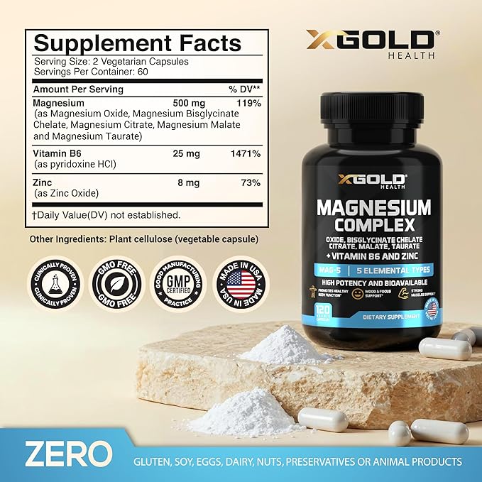 Magnesium 500mg - 7 in 1 | Magnesium Oxide, Bisglycinate Chelate,Citrate, Malate | Taurate |Vitamin B6 | Zinc | Bones, Muscle, Energy,Immune System High Absorption - Vegan- Non-GMO 120Caps