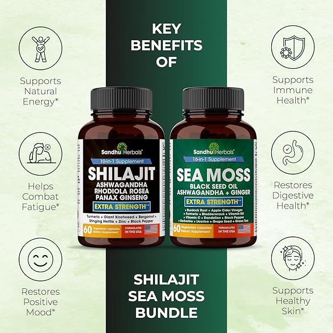 Shilajit Sea Moss Ashwagandha Combo Bundle - Black Seed Oil, Turmeric, Rhodiola Rosea, Panax, Ginseng Supplement | 120 Capsules, Better Than Gummies, Resin | Seamoss for Men & Women