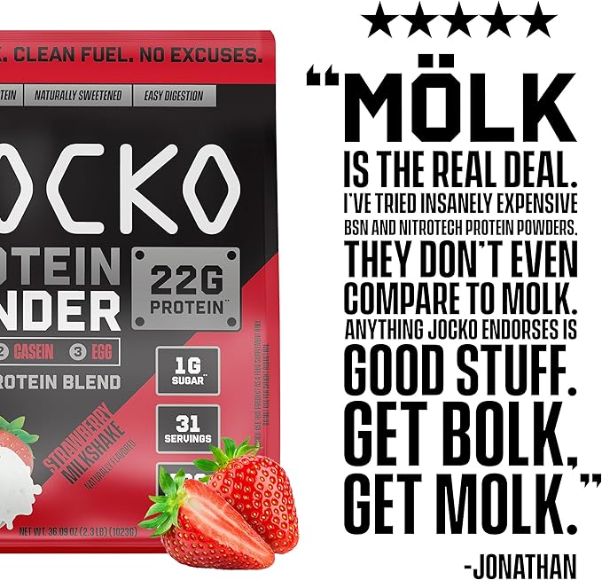 Jocko Fuel Mölk Whey Protein Powder 22g Low Sugar Monk Fruit Blend - Muscle Recovery & Growth, Packaging May Vary (31 Servings, Strawberry Milkshake)