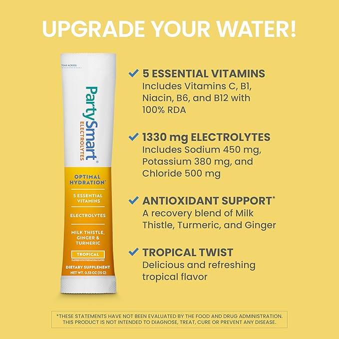 Himalaya PartySmart Tropical Electrolytes Powder Packets, 12 Count, Supports Hydration, Rehydrate with Sodium & Potassium, Vitamin C & More, Antioxidant Recovery Blend Milk Thistle, Ginger & Turmeric