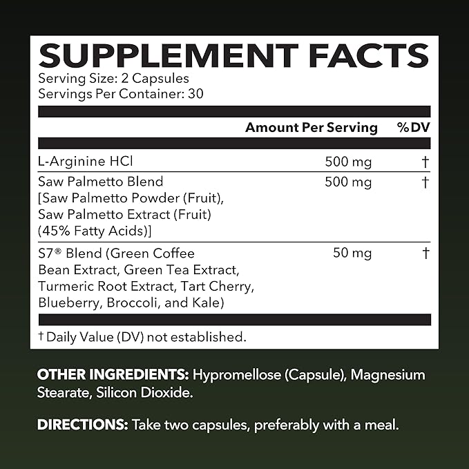 L-Arginine 500mg and Saw Palmetto 500mg - Nitric Oxide and Prostate Health Supplements for Men - 60 Count - Endurance and Urinary Tract Function Support - 1 Month Supply - Vegan, Non-GMO Capsules