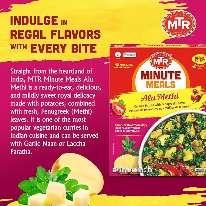 MTR - Alu Methi - Curried Potato with Fenugreek Leaves - Authentic Indian Ready To Eat Meal, Plant-Based, Delicious Microwave Food, Perfect for Quick & Nutritious Indian Cuisine Lovers (Pack of 6)
