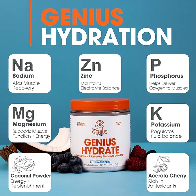 The Genius Brand - Genius Hydrate Powder Drink Mix Blue Raspberry 50 Serving - Electrolyte Hydration Booster Supplement with Coconut Water Potassium Magnesium Zinc Sugar Free No Artificial Sweeteners