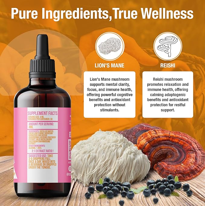 Vesper Pink Freud Mushroom Liquid Extract - Reishi & Lion’s Mane Blend with Wild Huckleberries for Immunomodulation, Neurogenesis, and Mood Support, USA-Grown, for Calm & Mental Clarity – 4oz