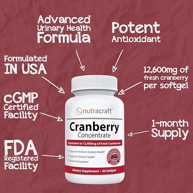 #1 Cranberry Extract Supplement for Bladder & Urinary Tract Support | 12,600 mg of Fresh Cranberries, Vitamin C & E and Polyphenols | Lab Tested & Easy to Swallow | 60 Softgels