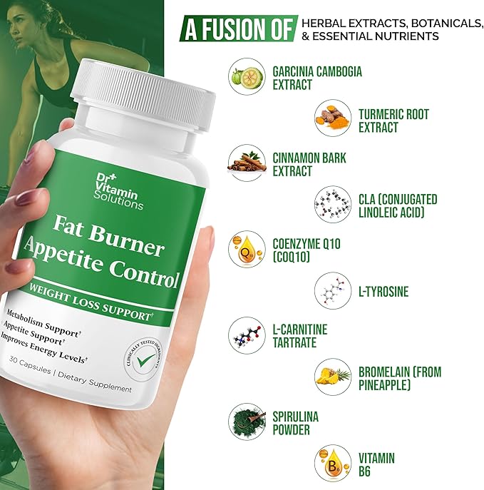 DR VITAMIN SOLUTIONS Fat Burner & Appetite Control Weight Loss Supplements for Women & Men - Metabolism Booster w/L-Carnitine, CLA, Chromium - Appetite Suppressant for Weight Loss - 30 Capsules