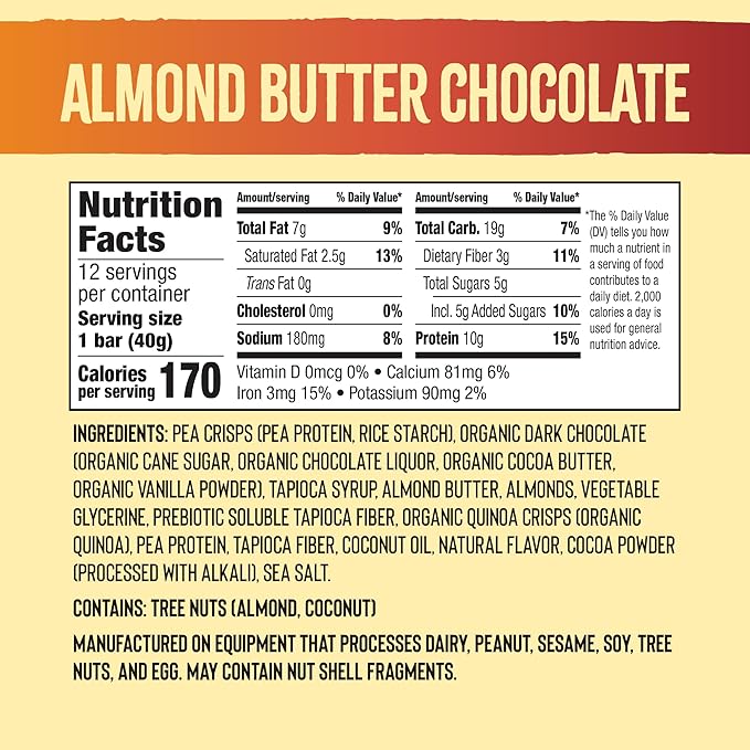Mezcla Vegan Protein Bars, Gluten Free Snack Made with Dark Chocolate, Pea Protein, Almonds and Other Premium Ingredients, Healthy Snacks, Almond Butter Chocolate, 10g of Protein, 12 Pack