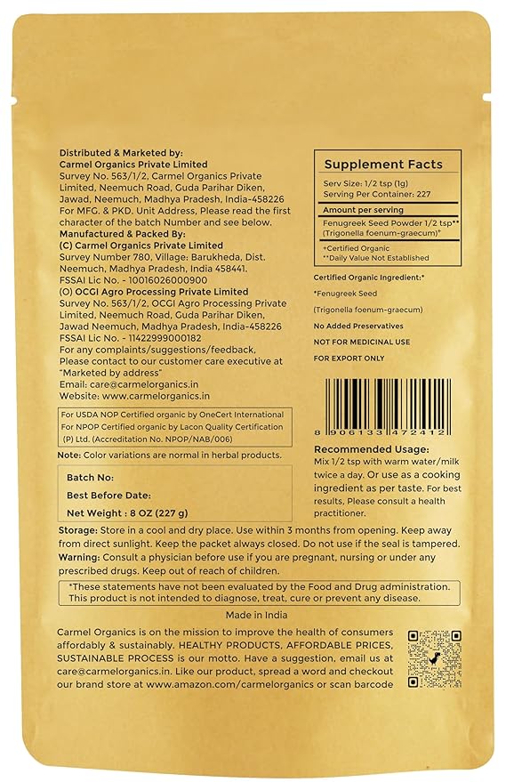 CARMEL ORGANICS Fenugreek |Methi Seeds (Powder, 8 Ounce or 0.5 Lbs)(Pack of 1) | USDA Certified Organic | Non-Gmo | No Added Preservatives | Indian Origin Fenugreek Seeds