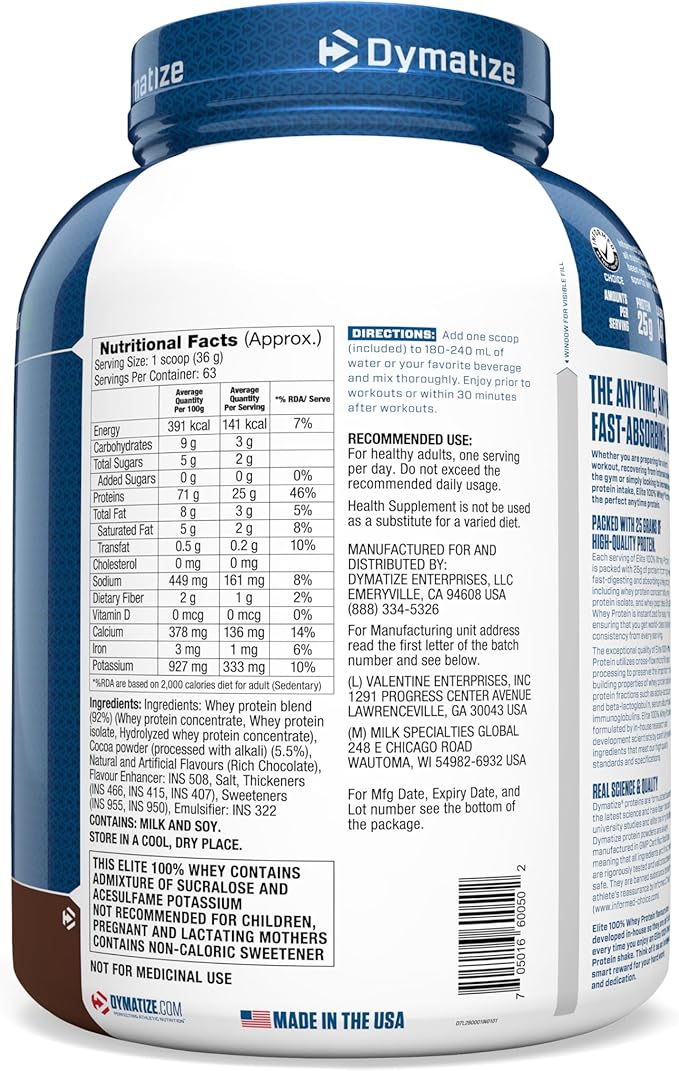 Dymatize Elite 100% Whey Protein Powder, 25g Protein, 5.5g BCAAs & 2.7 L-Leucine, Quick Absorbing & Fast Digesting for Optimal Muscle Recovery, Rich Chocolate, 5 Pound, 63 Servings