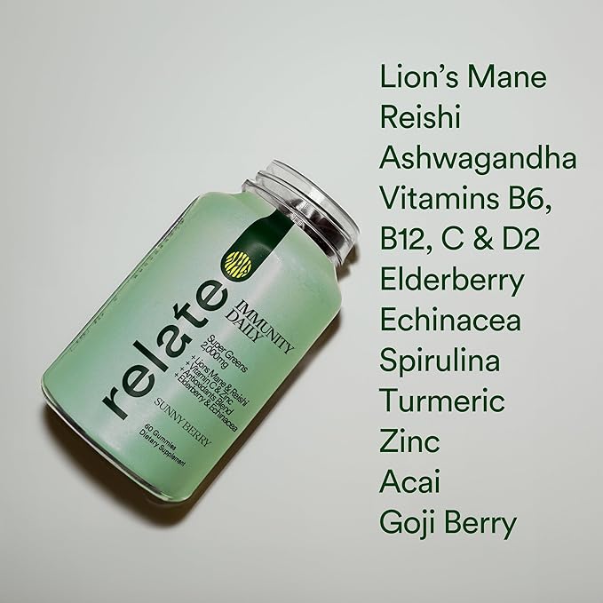 relate Immunity Daily Gummies - Super Greens, Lion's Mane & Reishi, Vitamin C & Zinc, Antioxidant Blend with Elderberry & Echinacea - Sunny Berry Flavor, 60 Count